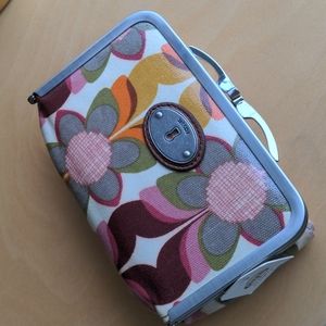 Fossil floral coated canvas makeup/cosmetic bag, with tag